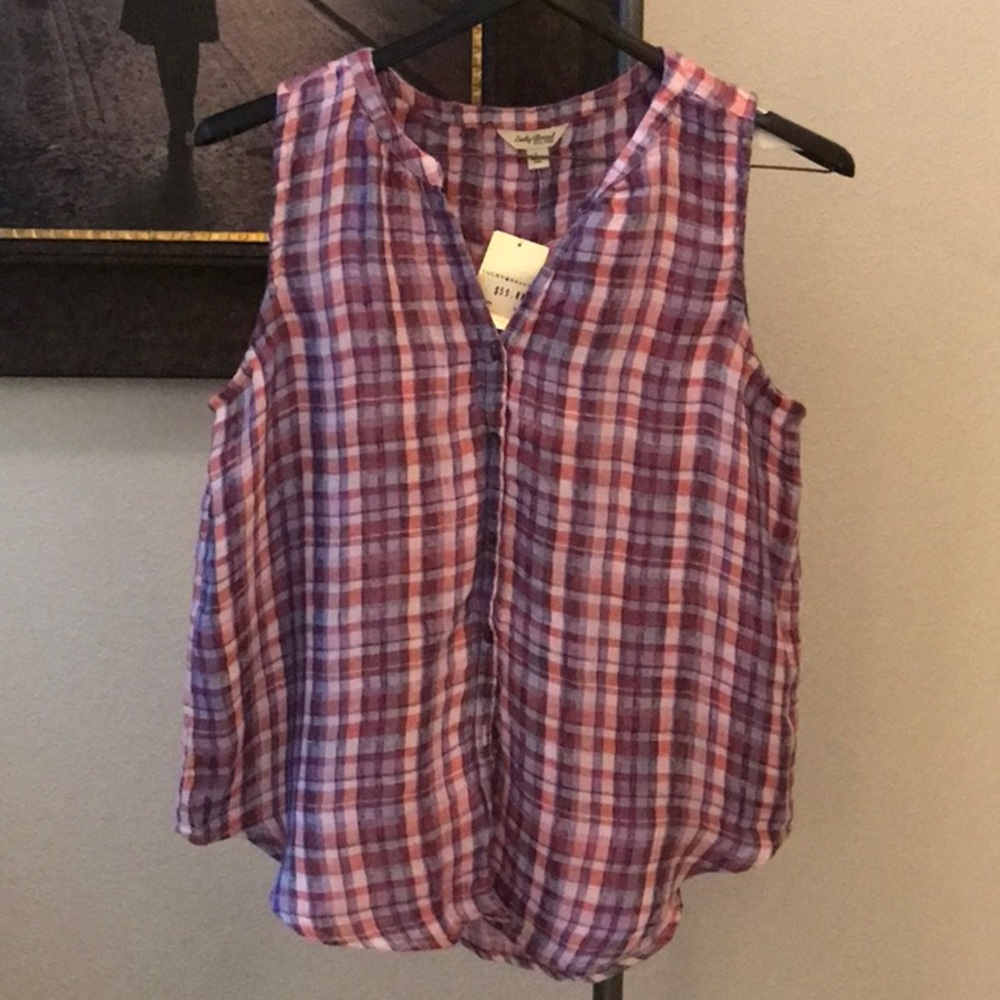 LUCKY BRAND BUTTON DOWN PLAID SLEEVLESS TOP SIZE LARGE   NWT